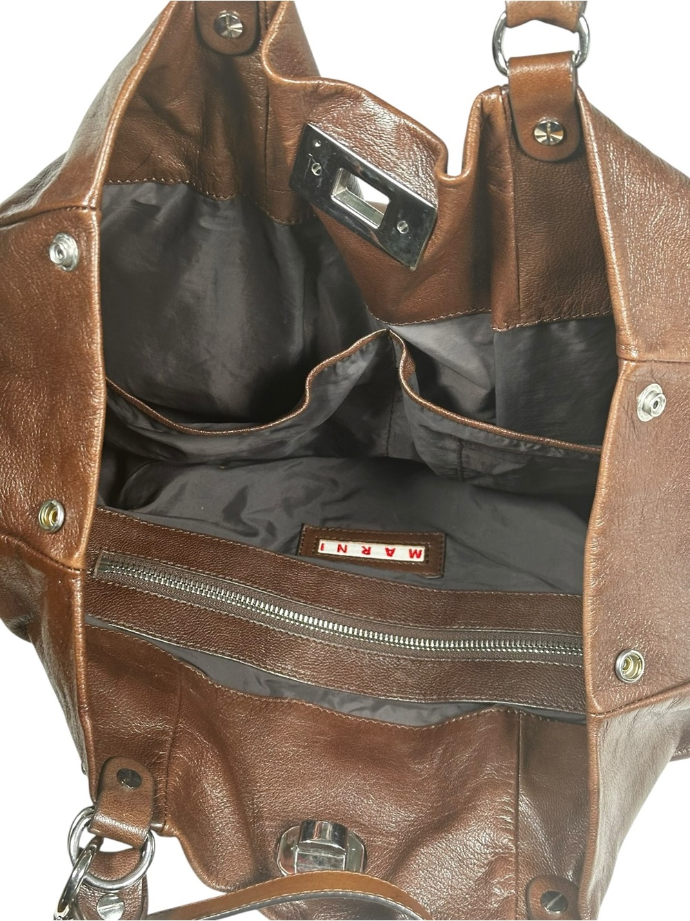 Marni FW09 Oversized Brown Leather Slouch Hobo Tote Bag Crossbody Purse Italy - Picture 13 of 15